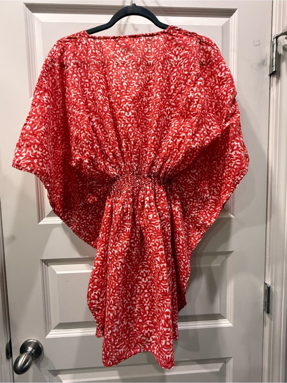 Lindsay Phillips Coral / Red Abstract Print Smocked Kaftan Dress M/L - Picture 9 of 10